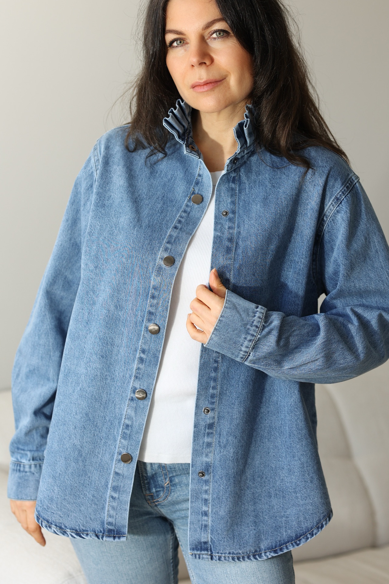 Jeansbluse mit Stehkragen
