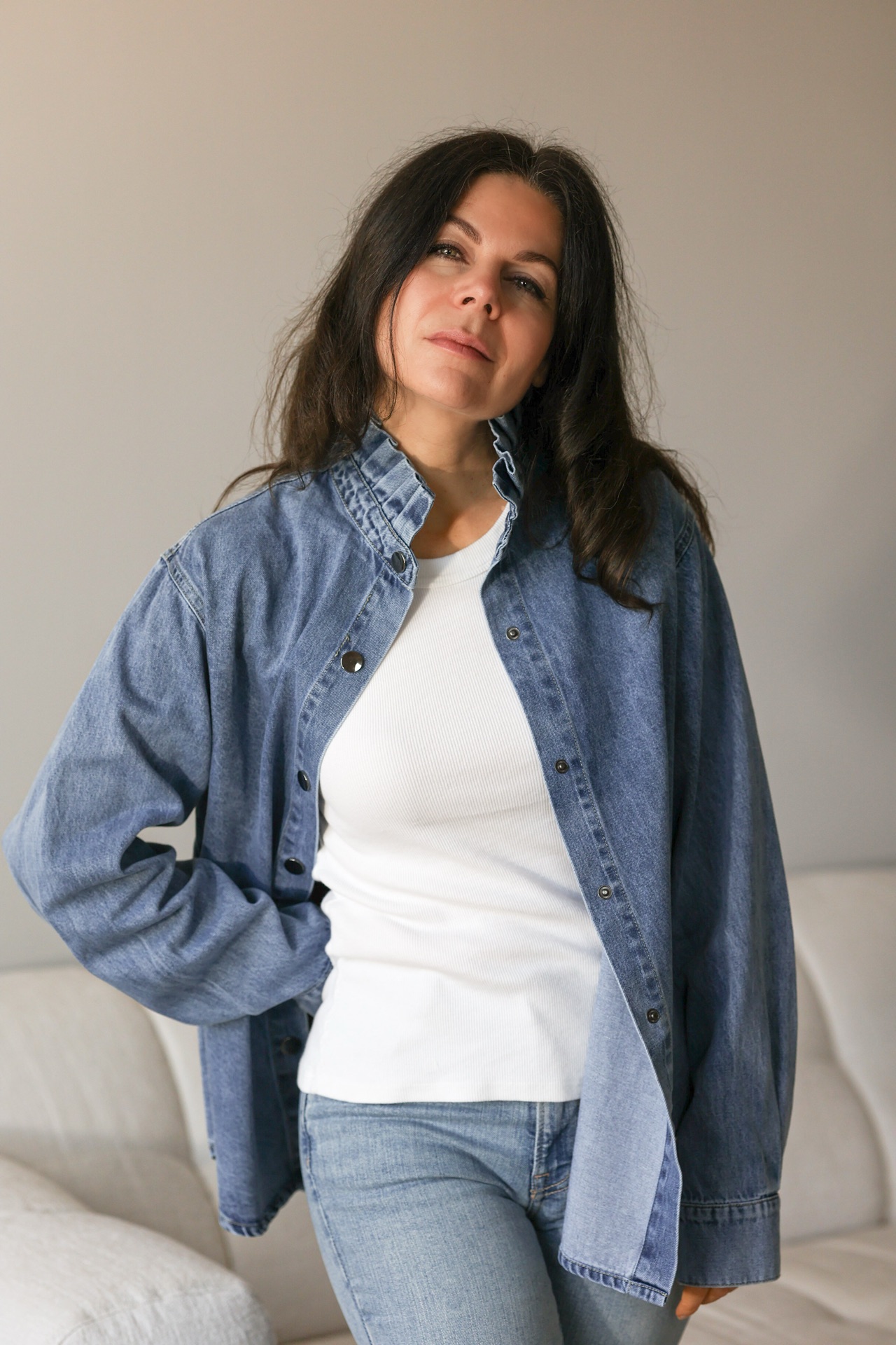 Jeansbluse mit Stehkragen