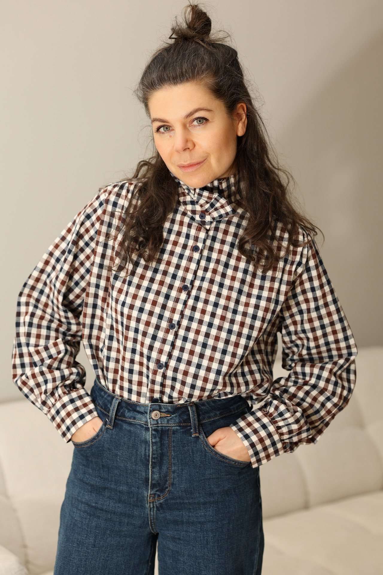 Bluse mit Vichy Karos und Stehkragen